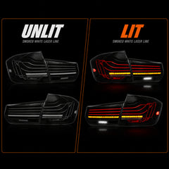 2013-2019 BMW 3 Series F30/F35 Sequential Laser LED Tail Lights — smoked white laser line lit unlit comparison - T-3F30-SW