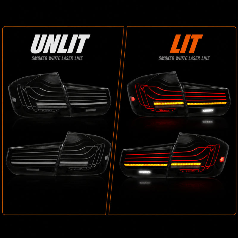 2013-2019 BMW 3 Series F30/F35 Sequential Laser LED Tail Lights — smoked white laser line lit unlit comparison - T-3F30-SW