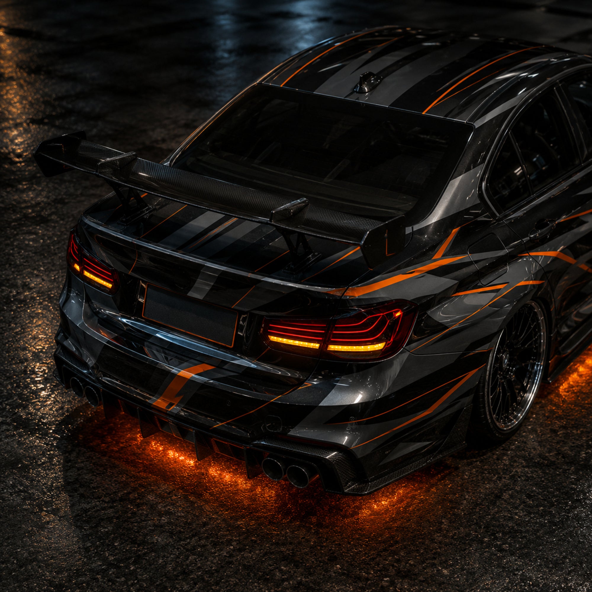 2013-2019 BMW 3 Series F30/F35 Sequential Laser LED Tail Lights — smoked white laser line scene black gray livery rear detail - T-3F30-SW