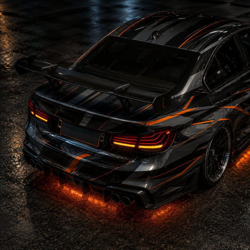 2013-2019 BMW 3 Series F30/F35 Sequential Laser LED Tail Lights — smoked white laser line scene black gray livery rear detail - T-3F30-SW