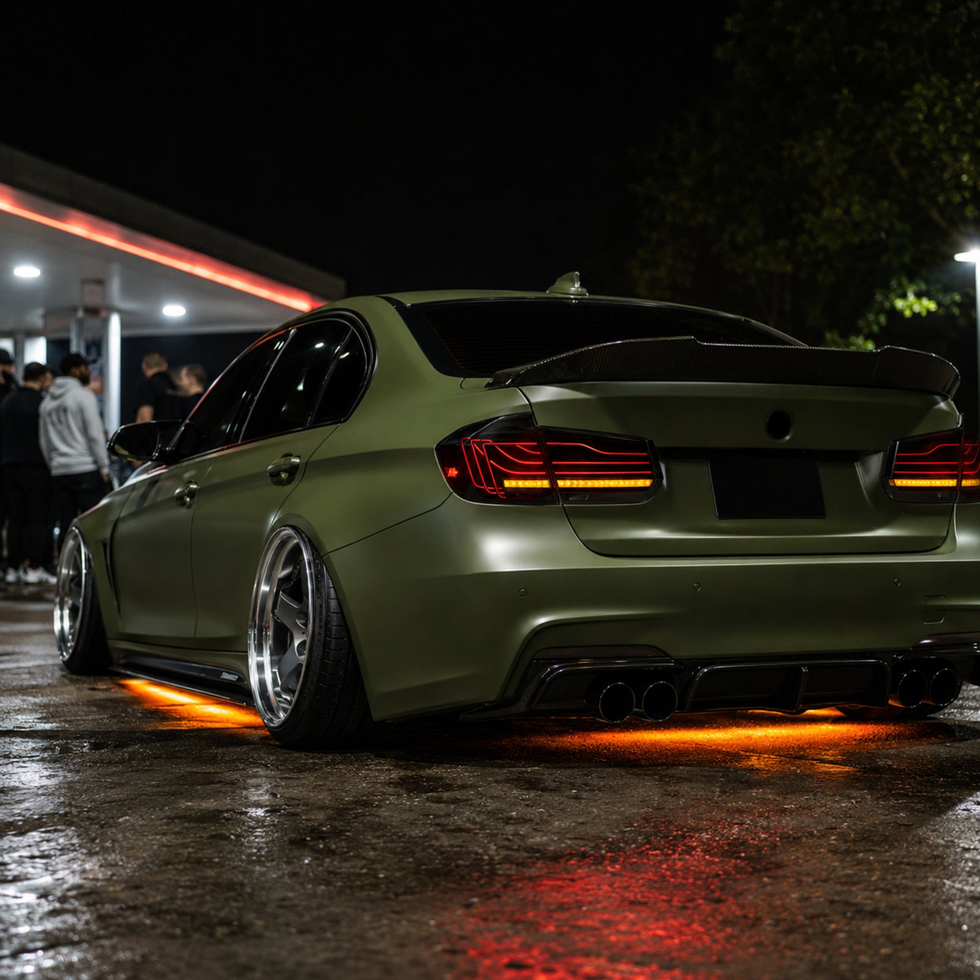 2013-2019 BMW 3 Series F30/F35 Sequential Laser LED Tail Lights — smoked white laser line scene satin olive low angle - T-3F30-SW