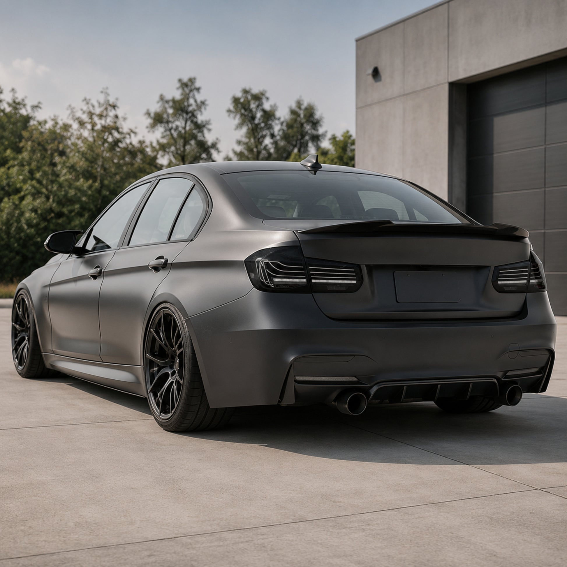 2013-2019 BMW 3 Series F30/F35 Sequential Laser LED Tail Lights — smoked white laser line side rear45 day unlit - T-3F30-SW