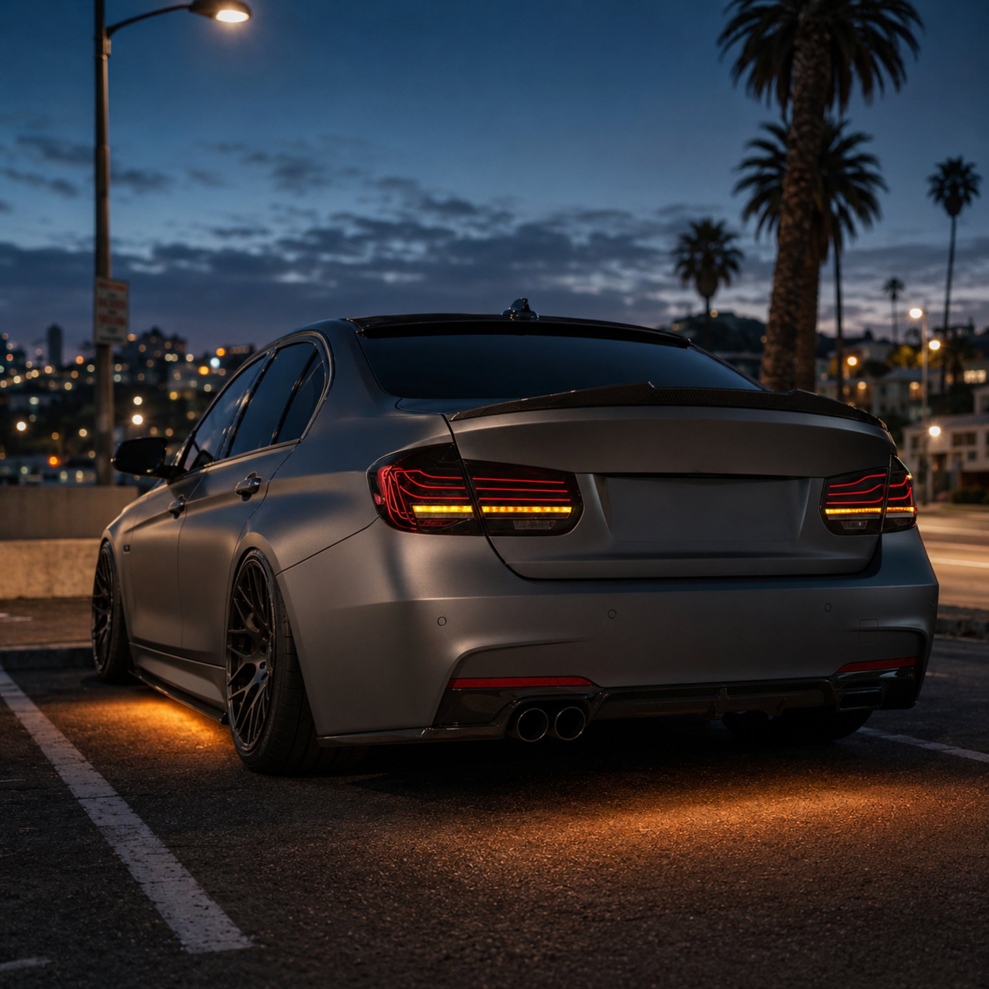 2013-2019 BMW 3 Series F30/F35 Sequential Laser LED Tail Lights — smoked white laser line street parking rear view - T-3F30-SW