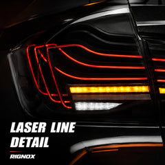 2013-2019 BMW 3 Series F30/F35 Sequential Laser LED Tail Lights — smoked white laser line tail light closeup - T-3F30-SW