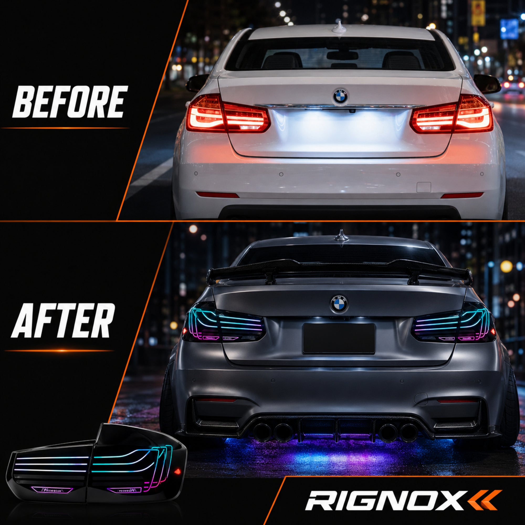 2013-2019 BMW 3 Series F30/F35 Sequential Laser LED Tail Lights — rgblaser line before after - T-3F30-SRGB
