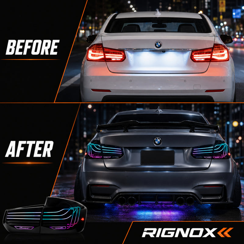 2013-2019 BMW 3 Series F30/F35 Sequential Laser LED Tail Lights — rgblaser line before after - T-3F30-SRGB