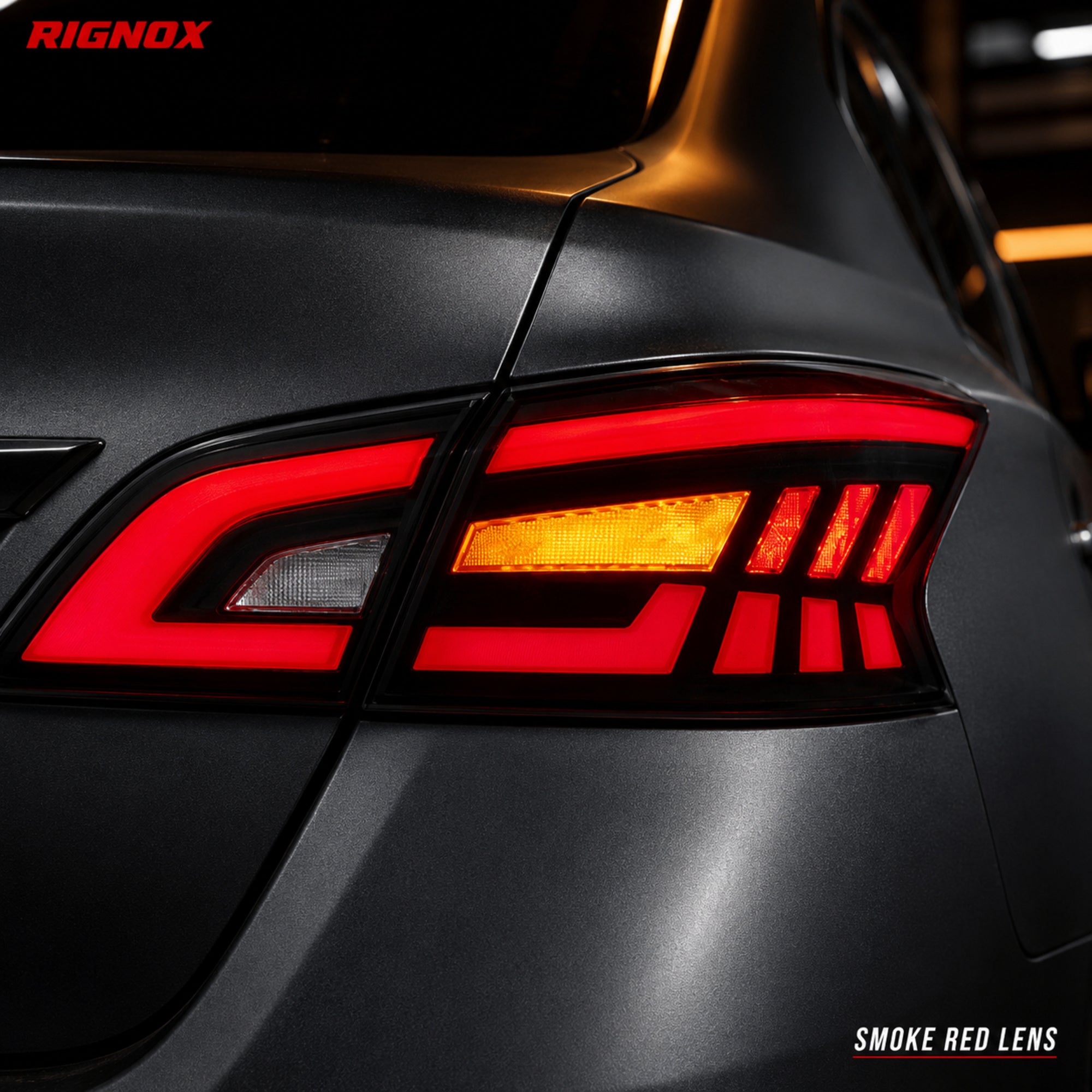 2013-2019 Nissan Sentra Sequential LED Tail Lights — smoke red sequential turn signal close up detail