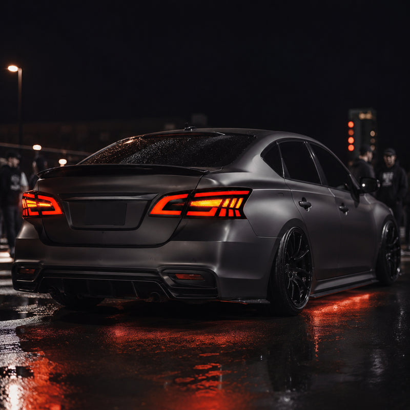 2013-2019 Nissan Sentra Sequential LED Tail Lights — smoke red sequential turn signal installed rear view