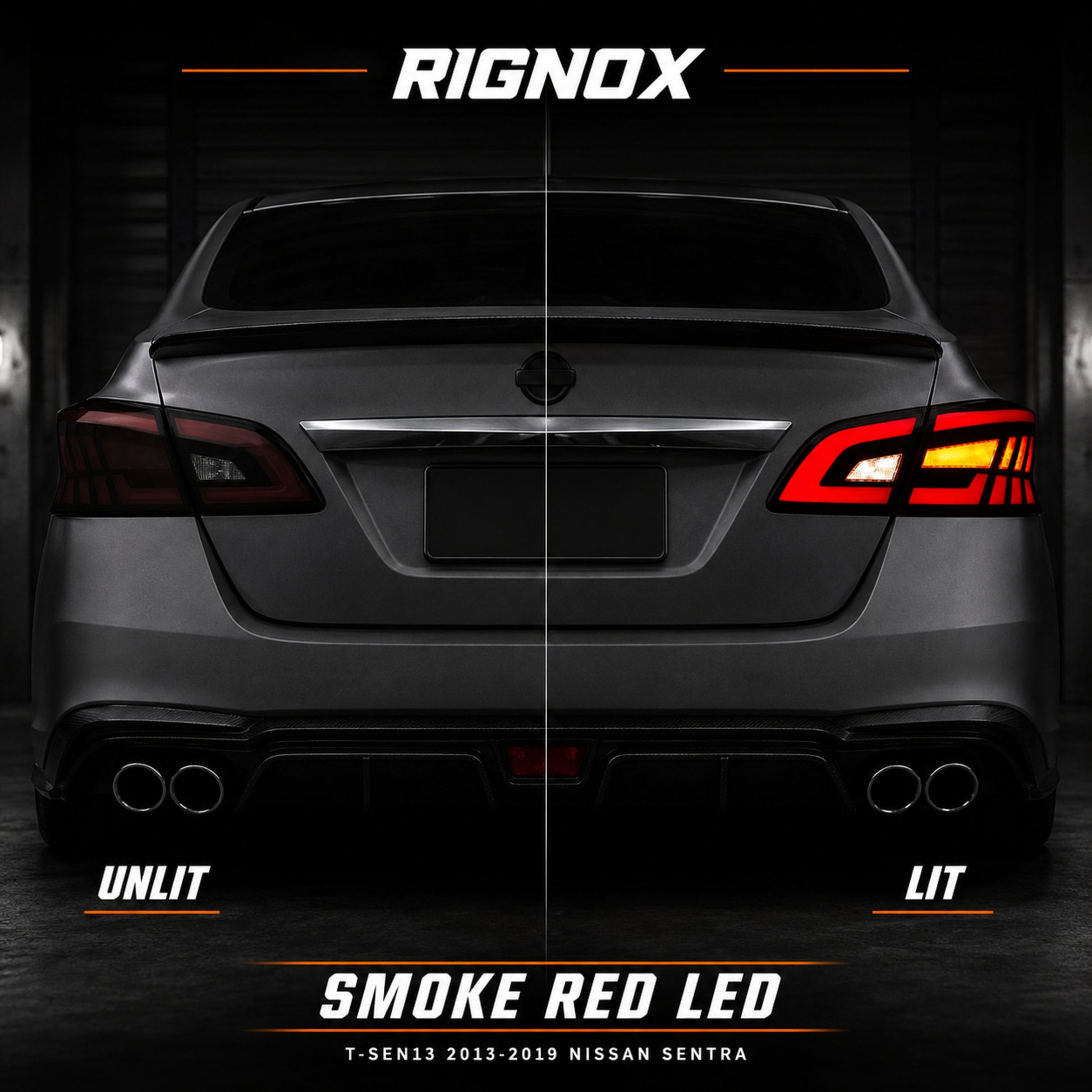 2013-2019 Nissan Sentra Sequential LED Tail Lights — smoke red sequential turn signal lit unlit comparison