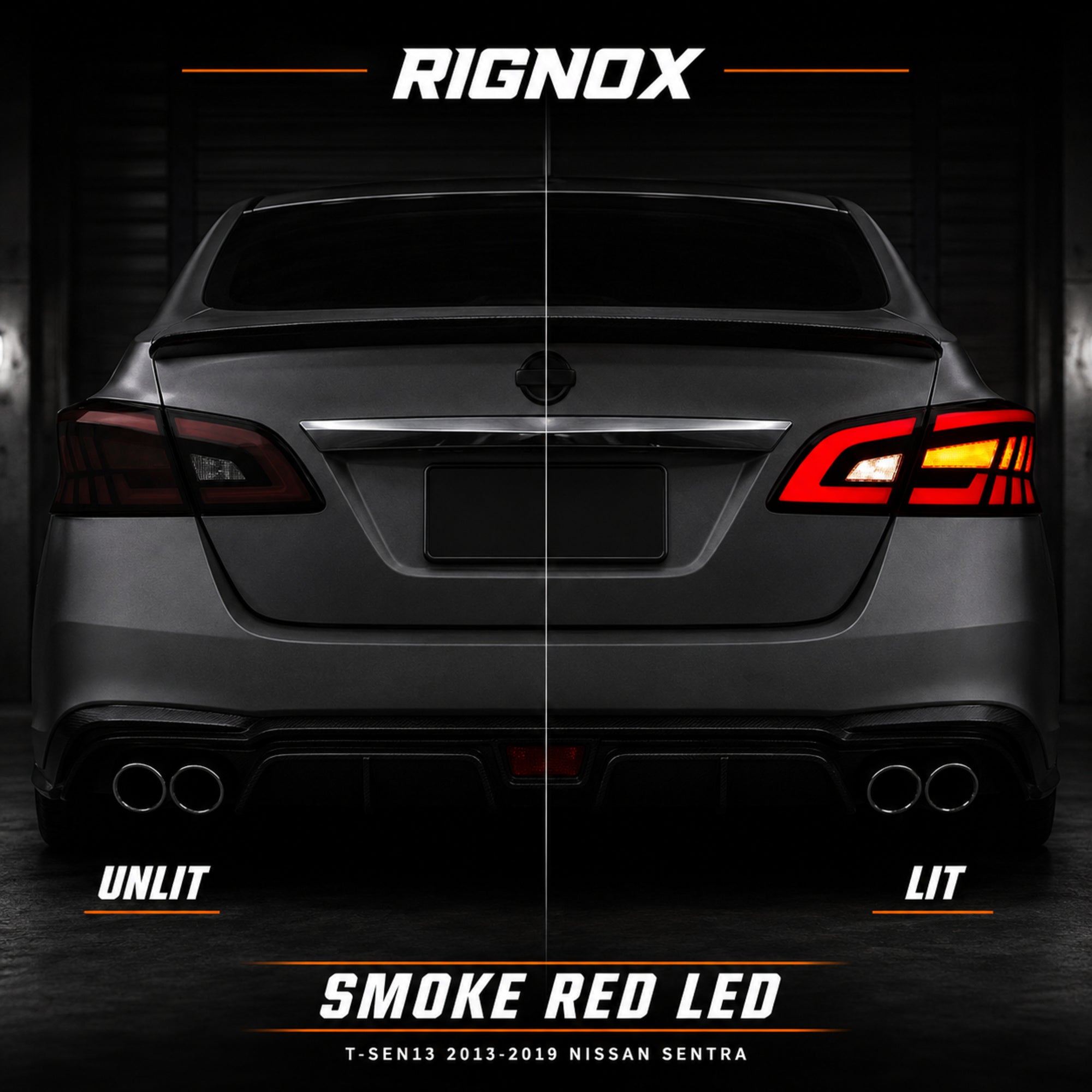 2013-2019 Nissan Sentra Sequential LED Tail Lights — smoke red sequential turn signal lit unlit comparison