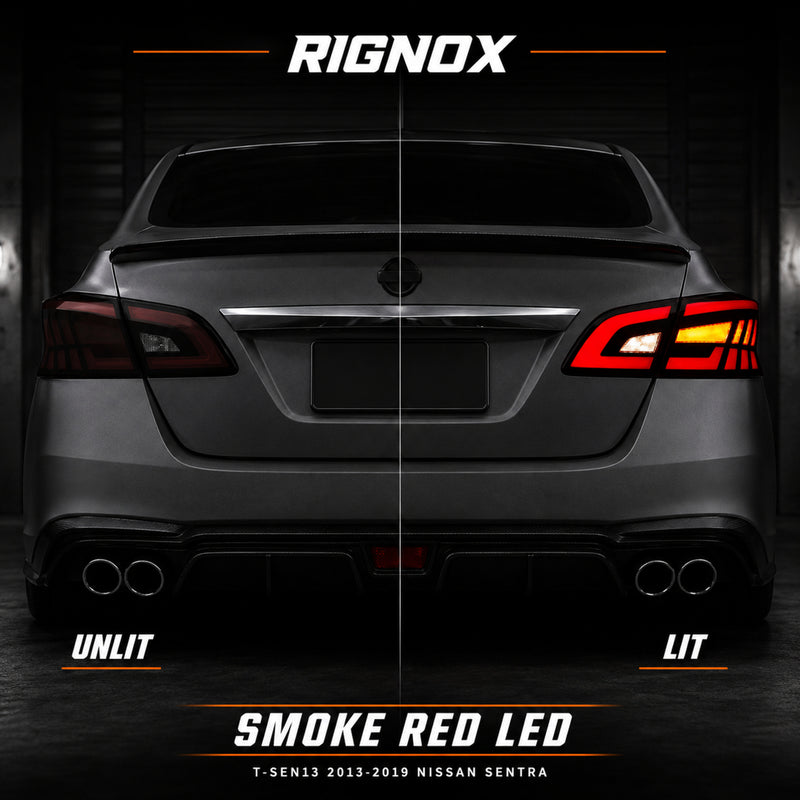 2013-2019 Nissan Sentra Sequential LED Tail Lights — smoke red sequential turn signal lit unlit comparison