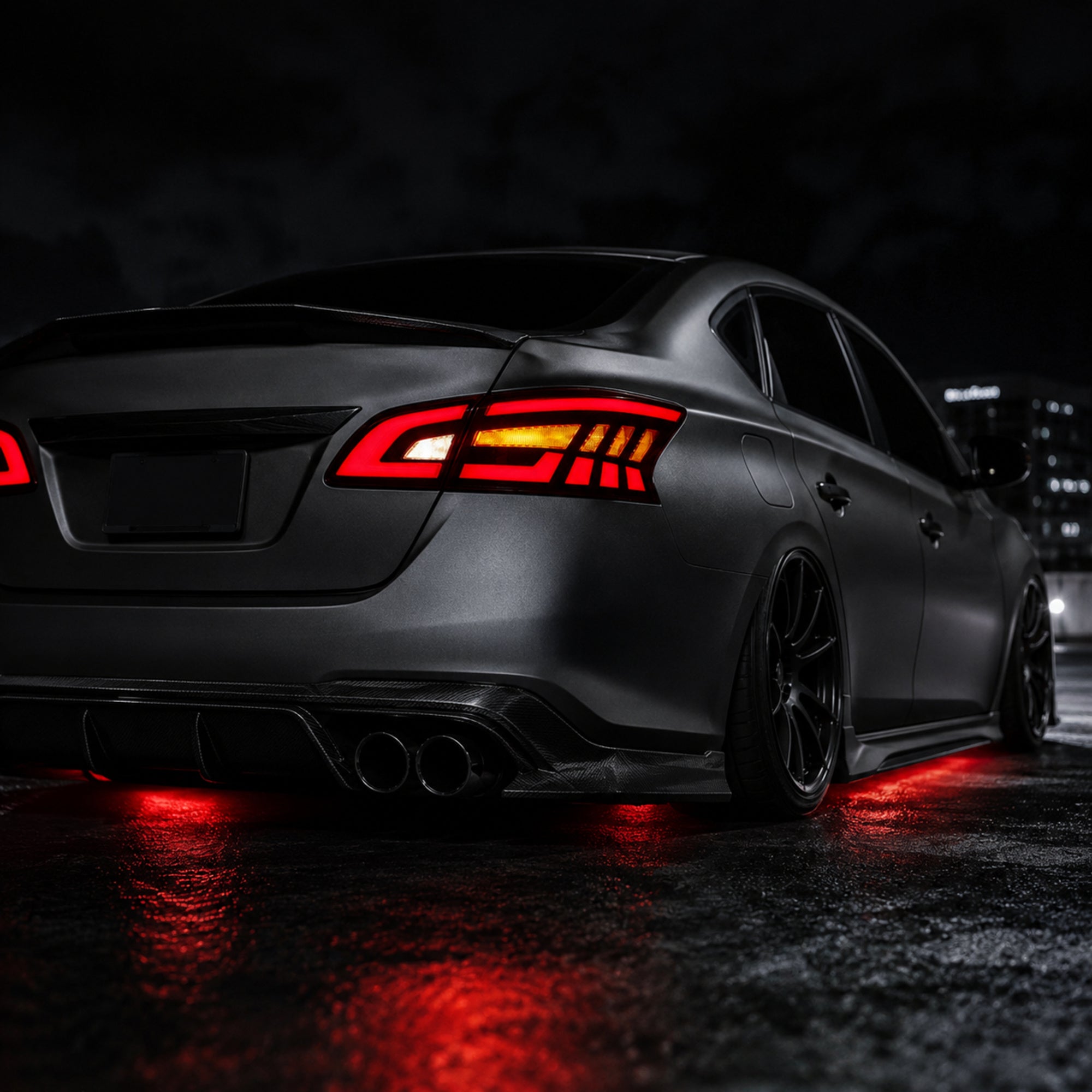 2013-2019 Nissan Sentra Sequential LED Tail Lights — smoke red sequential turn signal low angle rear no text