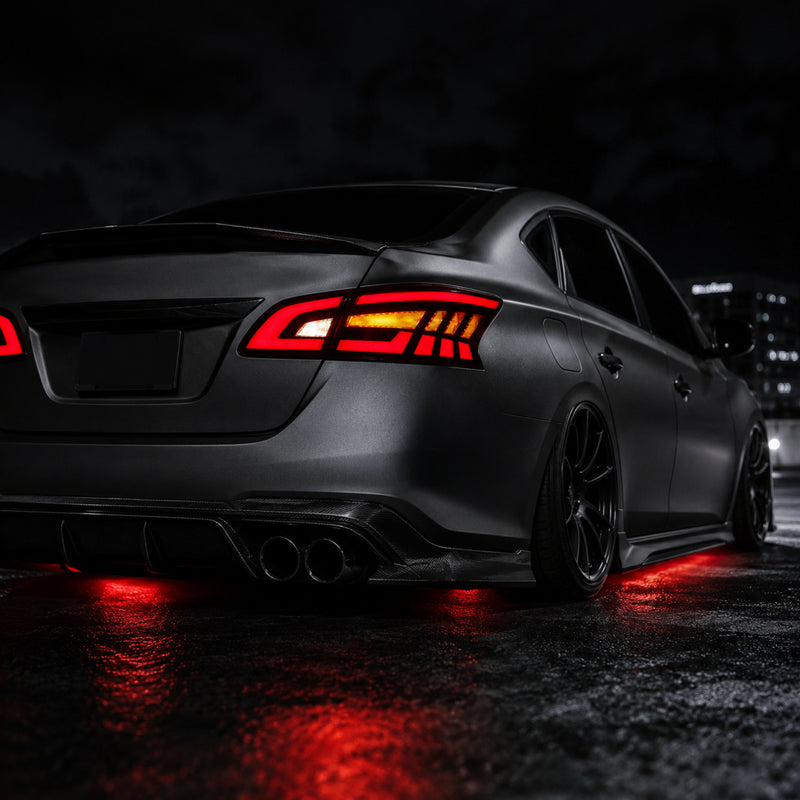 2013-2019 Nissan Sentra Sequential LED Tail Lights — smoke red sequential turn signal low angle rear no text
