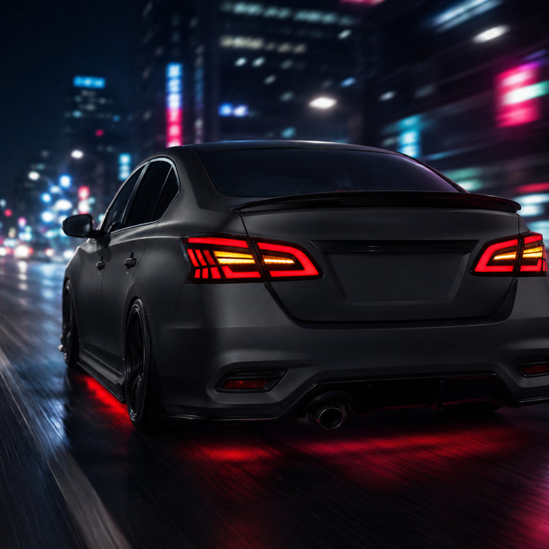 2013-2019 Nissan Sentra Sequential LED Tail Lights — smoke red sequential turn signal night motion no text