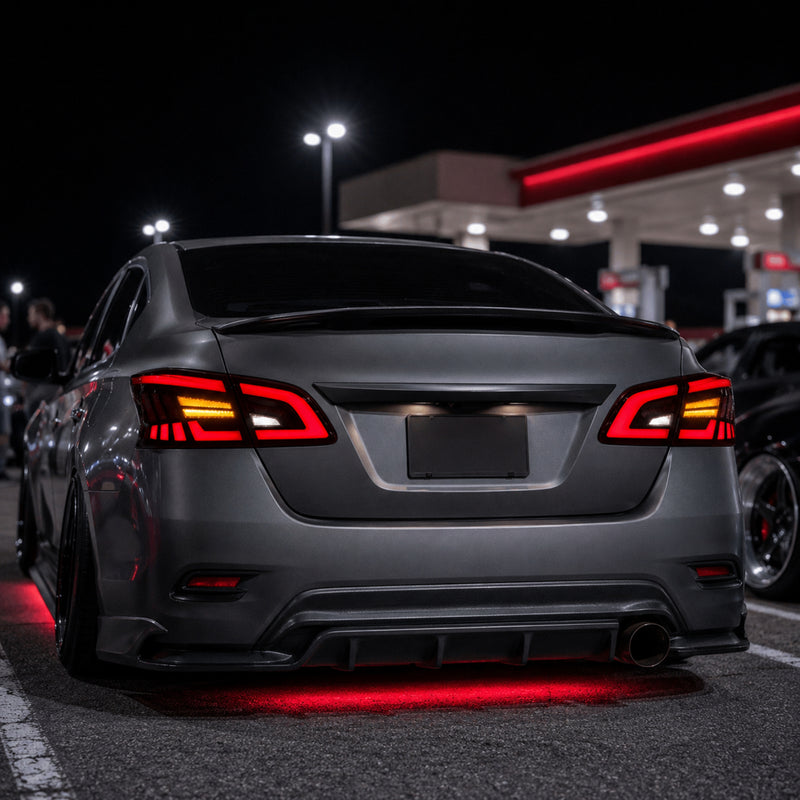2013-2019 Nissan Sentra Sequential LED Tail Lights — smoke red sequential turn signal parking lot rear view