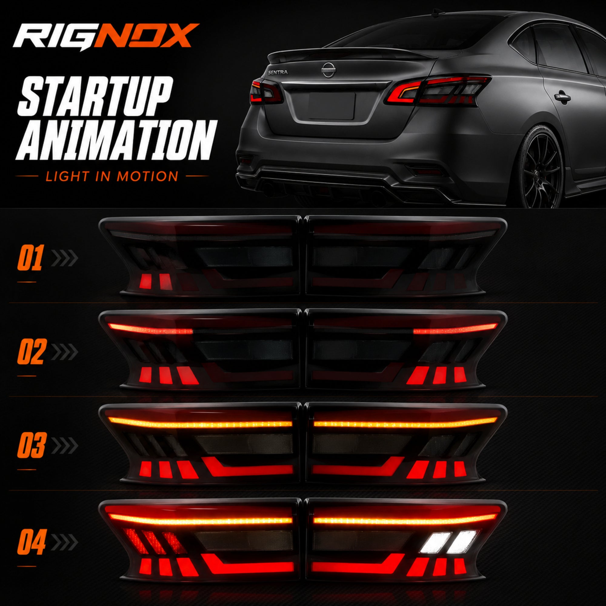 2013-2019 Nissan Sentra Sequential LED Tail Lights — smoke red sequential turn signal startup animation function
