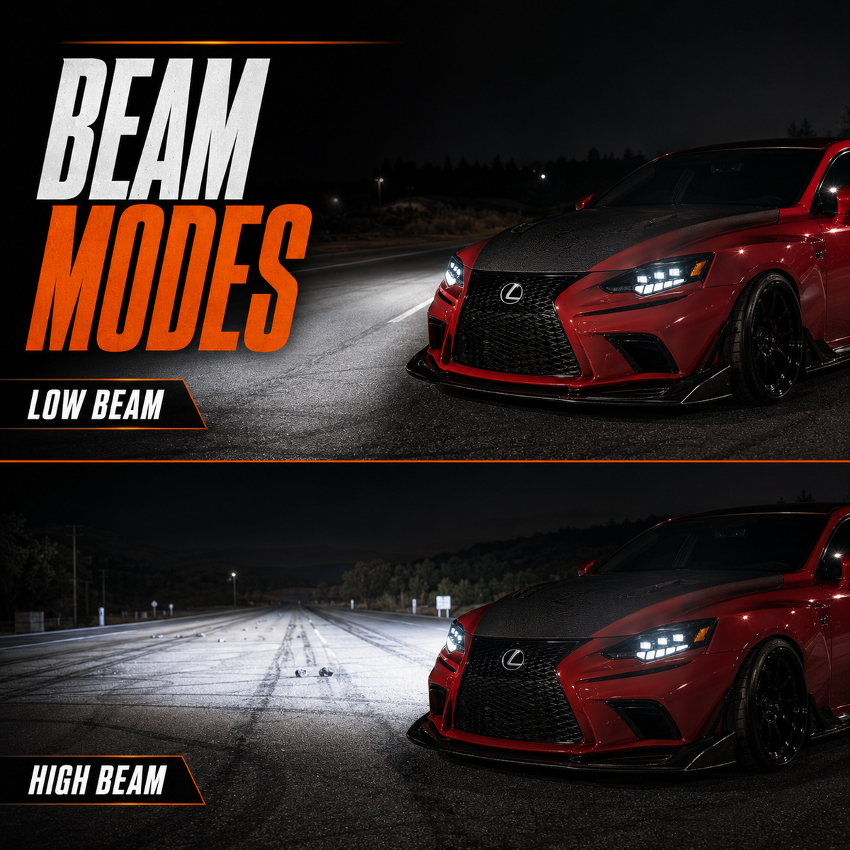 2014-2016 Lexus IS250 / IS200t / IS300 / IS350 LED Triple Projector Headlights — high and low beam comparison — H-IS14