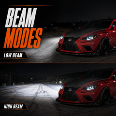 2014-2016 Lexus IS250 / IS200t / IS300 / IS350 LED Triple Projector Headlights — high and low beam comparison — H-IS14