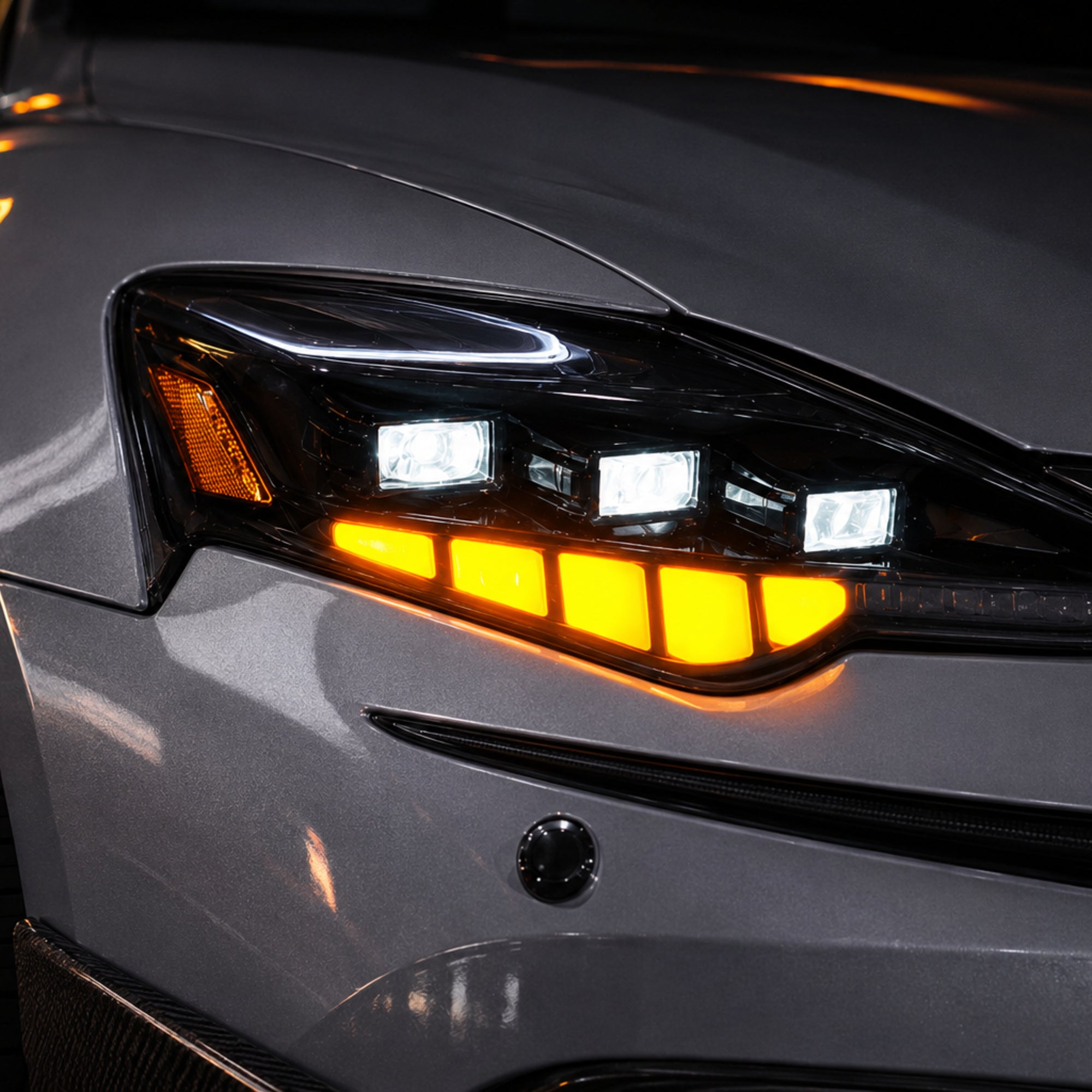 2014-2016 Lexus IS250 / IS200t / IS300 / IS350 LED Triple Projector Headlights — sequential amber turn closeup