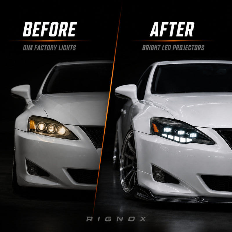 2014-2016 Lexus IS250 / IS200t / IS300 / IS350 LED Triple Projector Headlights — sequential before after