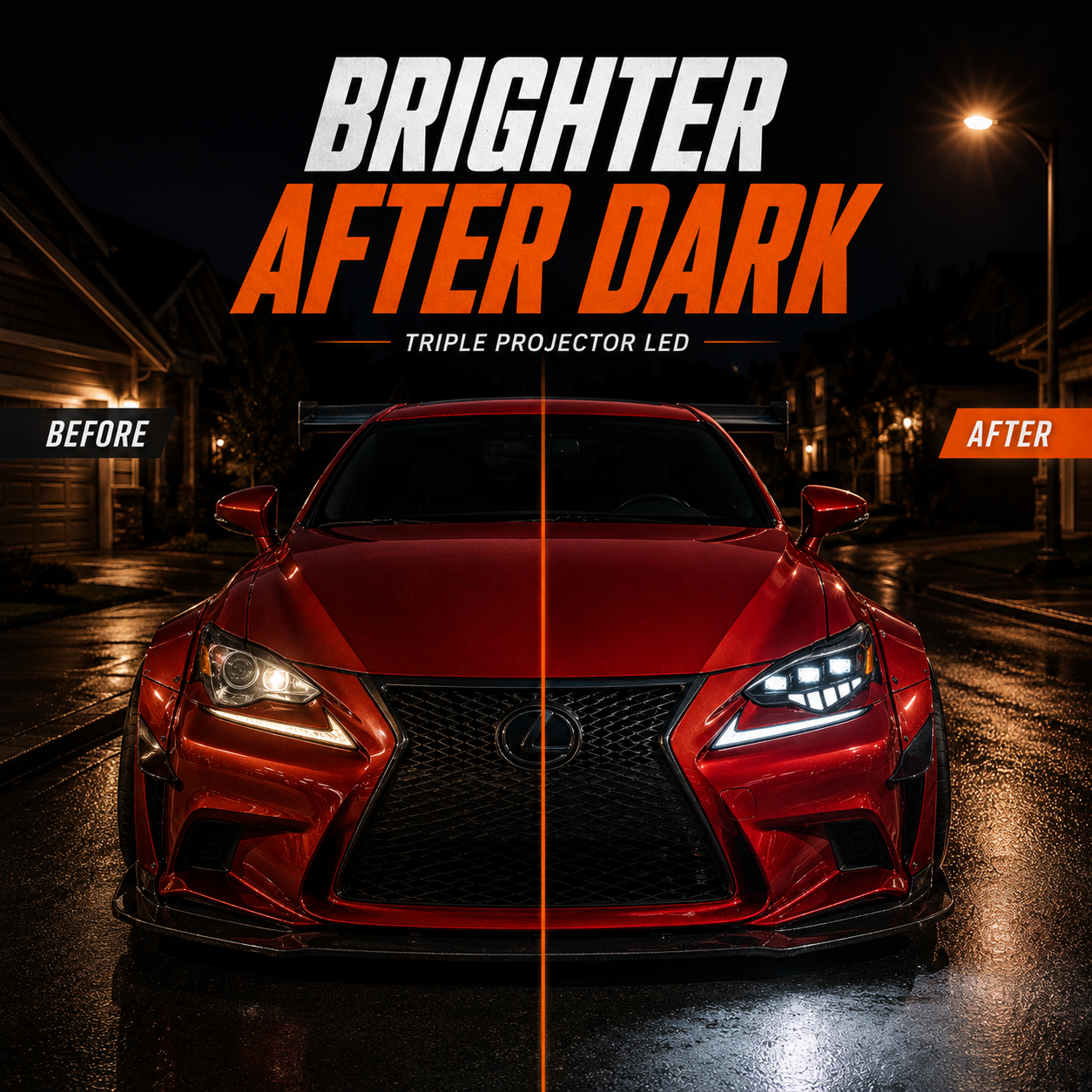 2014-2016 Lexus IS250 / IS200t / IS300 / IS350 LED Triple Projector Headlights — before and after upgrade — H-IS14