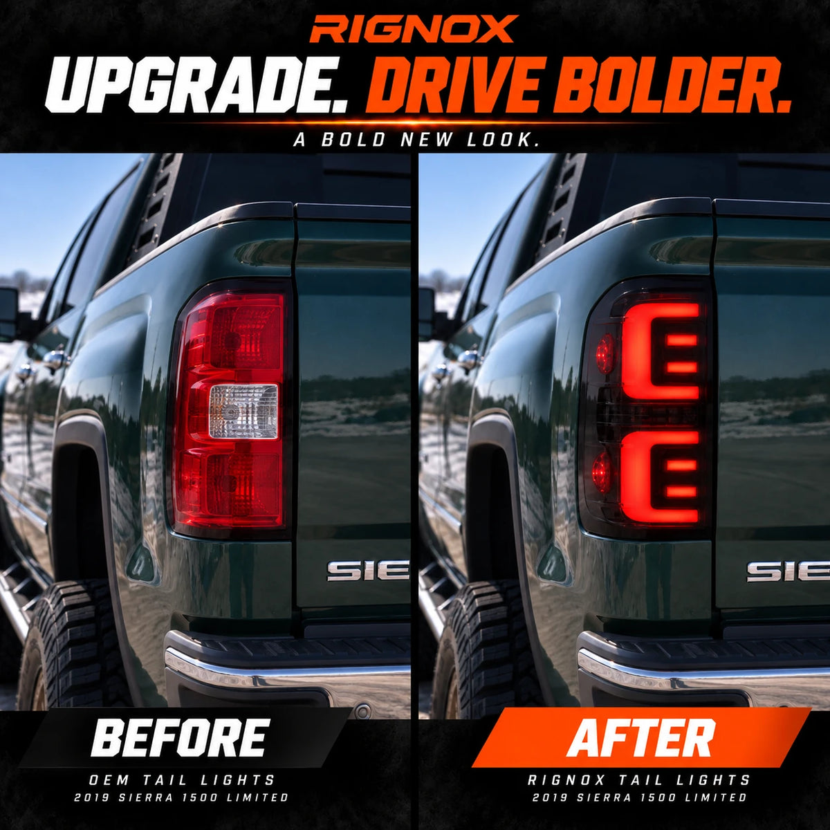 2014-2018 GMC Sierra 1500 & 2015-2019 Sierra 2500HD/3500HD LED Tail Lights Assembly — OEM vs RIGNOX before and after comparison — T-SIE14-SR