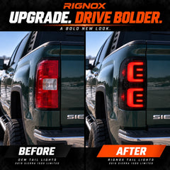 2014-2018 GMC Sierra 1500 & 2015-2019 Sierra 2500HD/3500HD LED Tail Lights Assembly — OEM vs RIGNOX before and after comparison — T-SIE14-SR