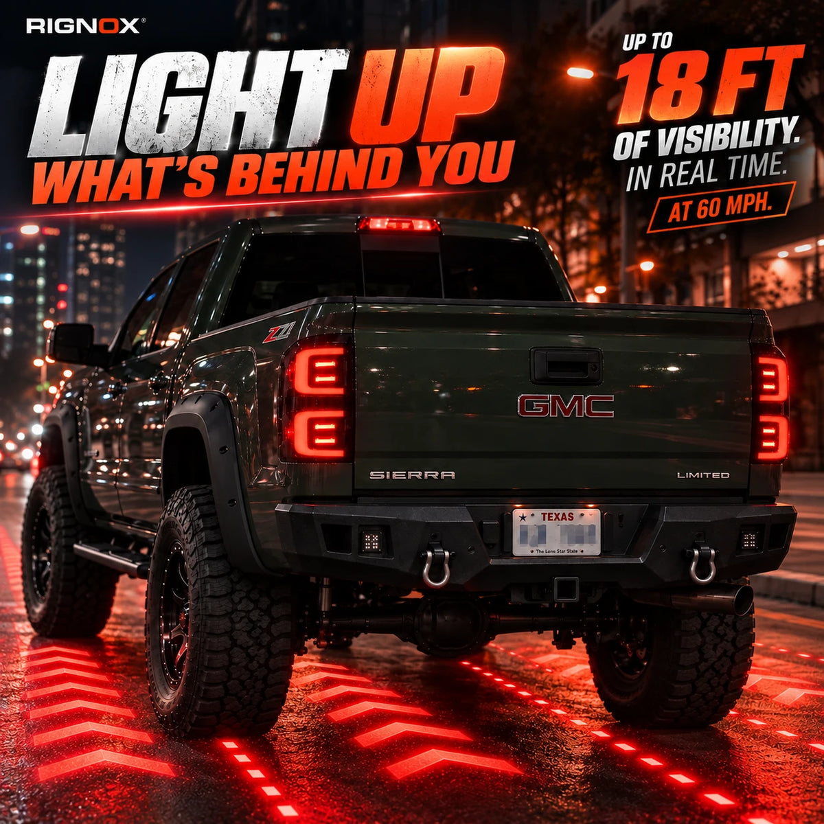 2014-2018 GMC Sierra 1500 & 2015-2019 Sierra 2500HD/3500HD LED Tail Lights Assembly — illuminated rear visibility and brake response on modified truck — T-SIE14-SR
