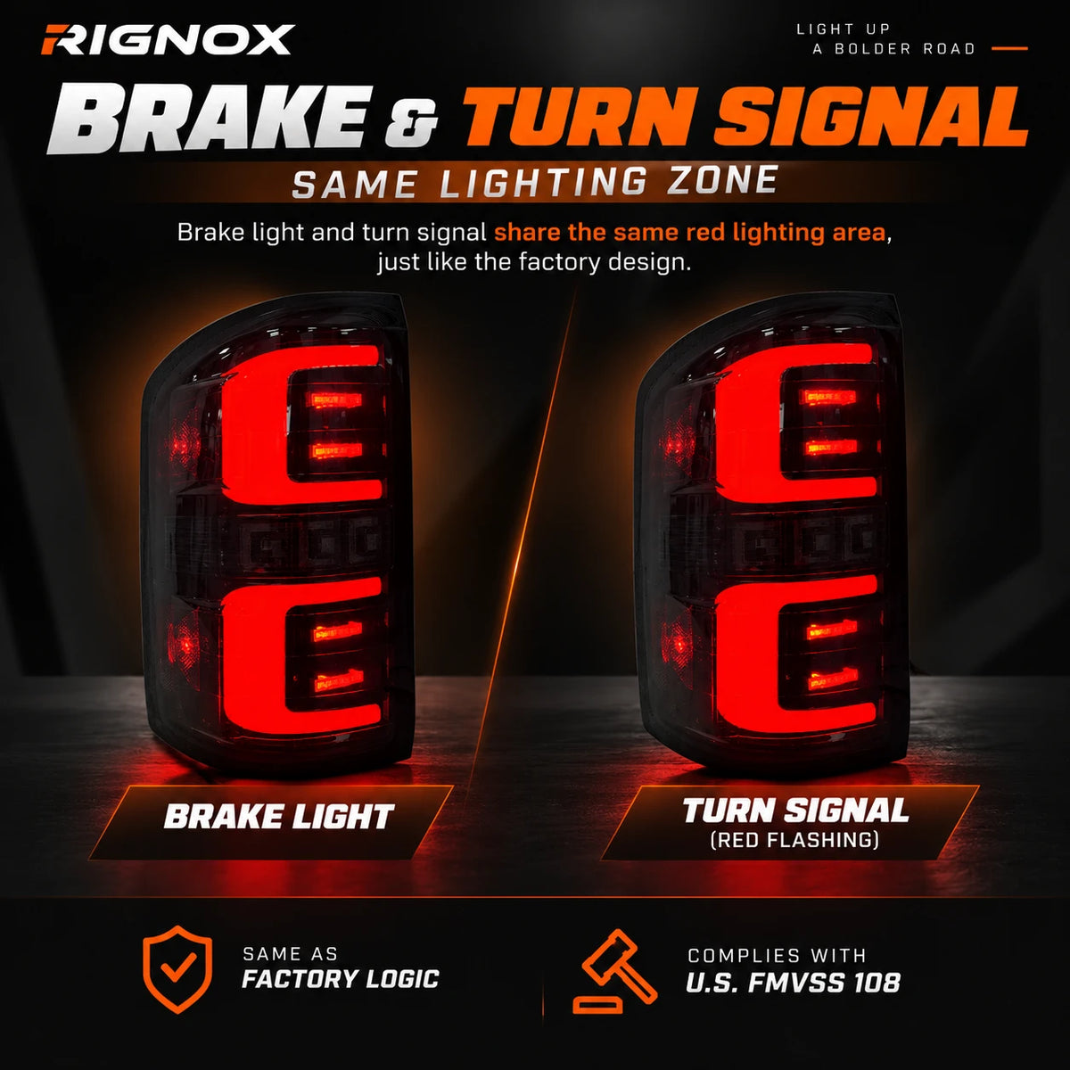 2014-2018 GMC Sierra 1500 & 2015-2019 Sierra 2500HD/3500HD LED Tail Lights Assembly — brake light and red turn signal shared lighting zone — T-SIE14-SR