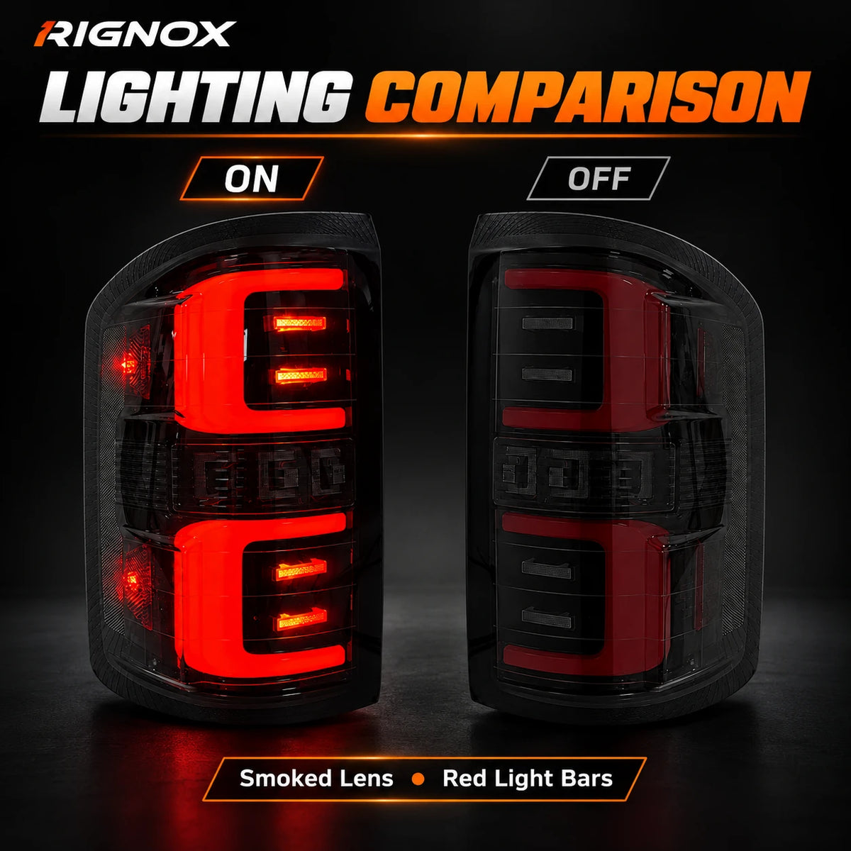 2014-2018 GMC Sierra 1500 & 2015-2019 Sierra 2500HD/3500HD LED Tail Lights Assembly — smoked lens red light bars on and off comparison — T-SIE14-SR