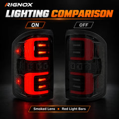 2014-2018 GMC Sierra 1500 & 2015-2019 Sierra 2500HD/3500HD LED Tail Lights Assembly — smoked lens red light bars on and off comparison — T-SIE14-SR
