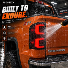 2014-2018 GMC Sierra 1500 & 2015-2019 Sierra 2500HD/3500HD LED Tail Lights Assembly — waterproof durability test with high-pressure water spray — T-SIE14-SR