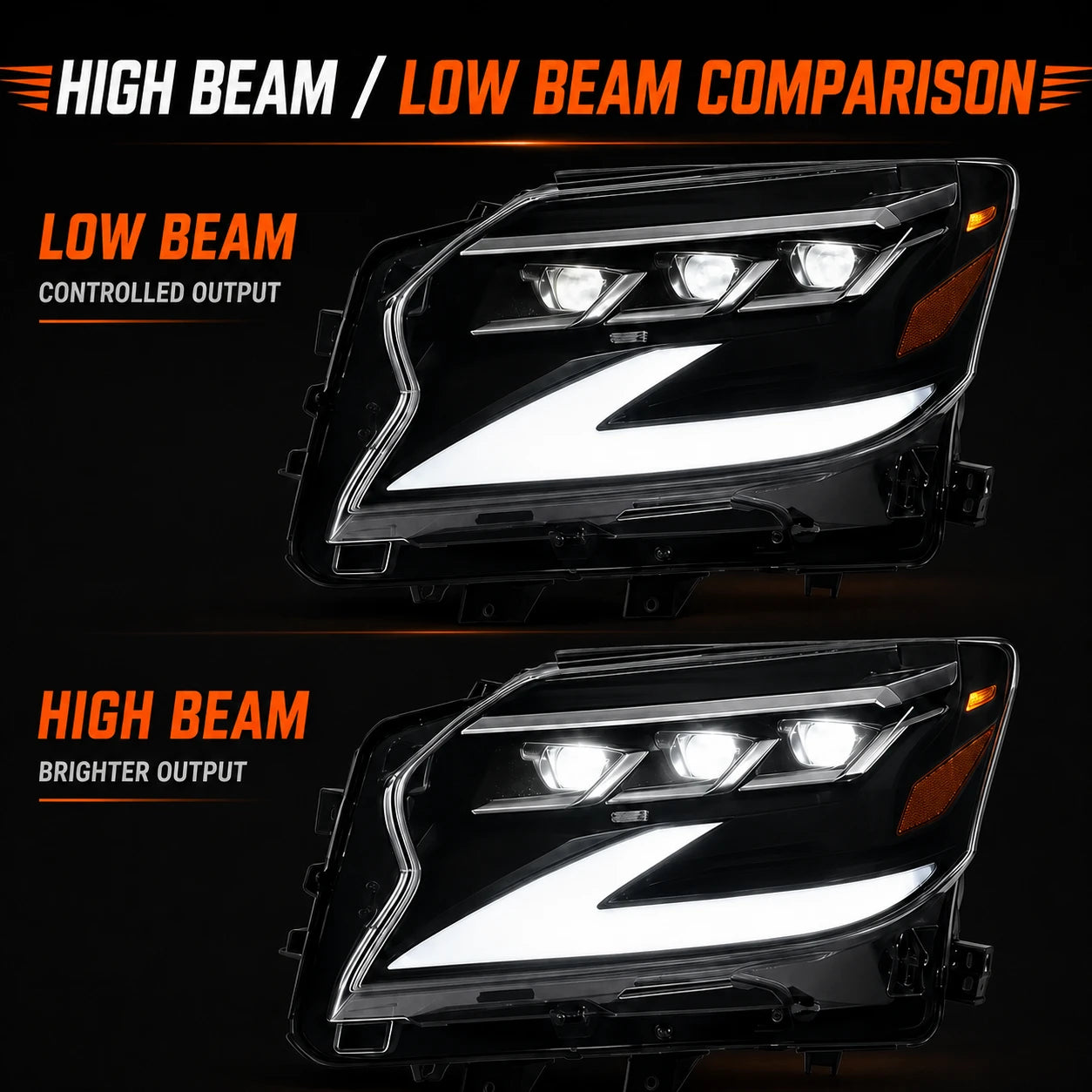 2014-2019 Lexus GX460 LED Triple Projector Headlights Assembly — high low beam comparson — H-GX460-14