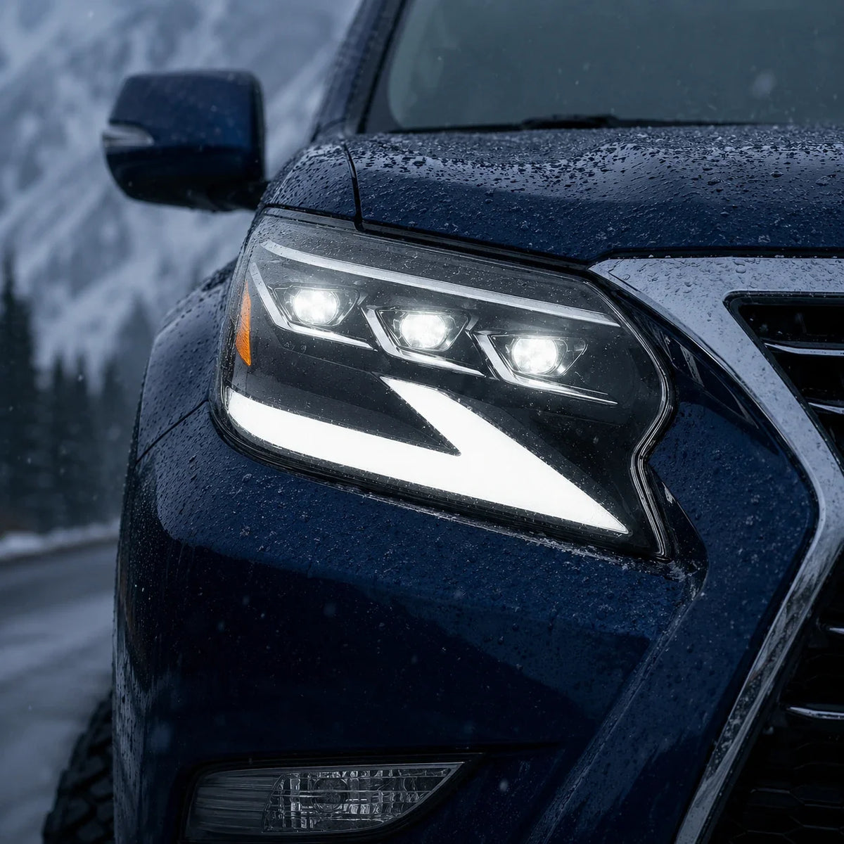2014-2019 Lexus GX460 LED Triple Projector Headlights Assembly — Pair — Blue GX460 headlight in snow — H-GX460-14