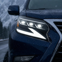 2014-2019 Lexus GX460 LED Triple Projector Headlights Assembly — Pair — Blue GX460 headlight in snow — H-GX460-14