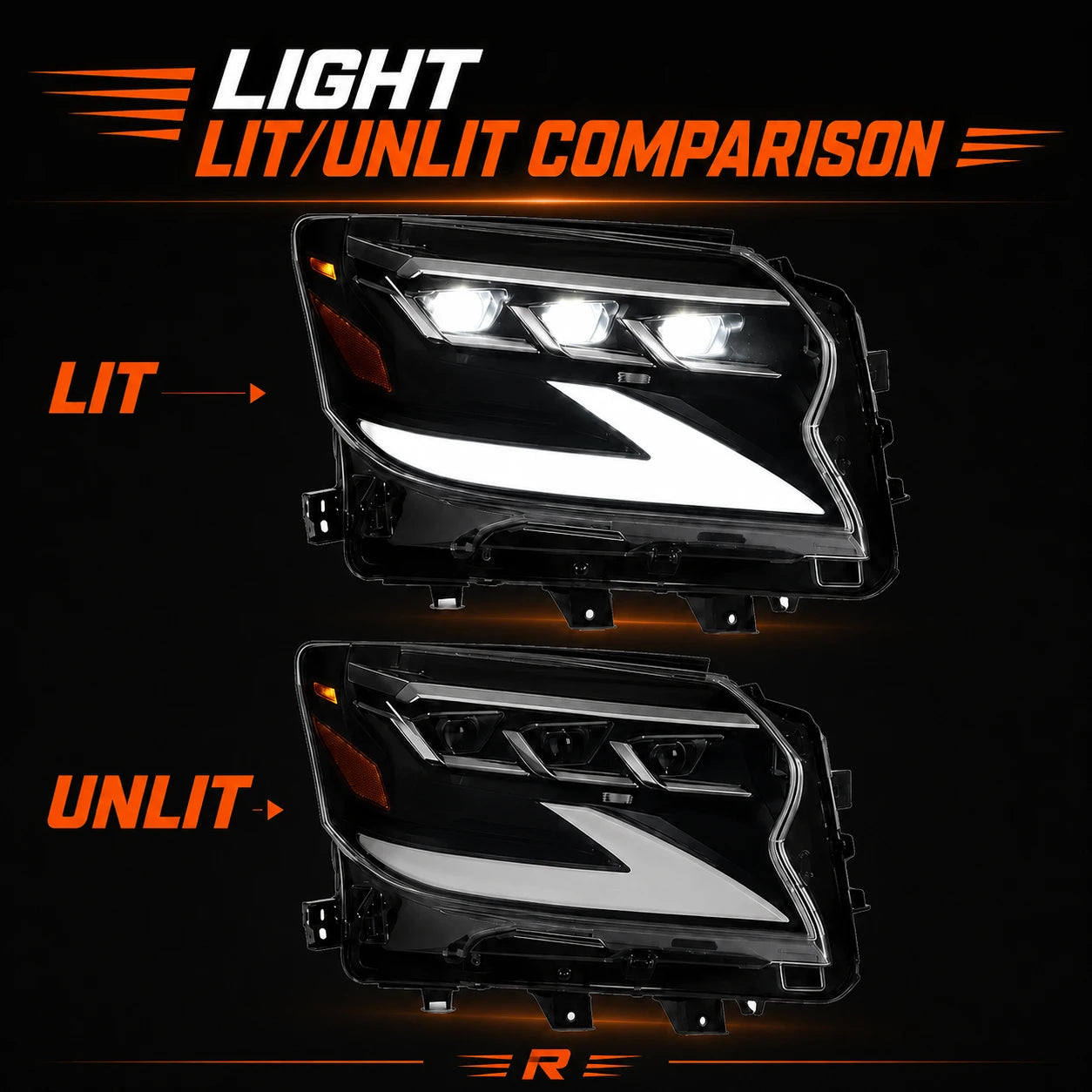 2014-2019 Lexus GX460 LED Triple Projector Headlights Assembly — light lit unlit comparison — H-GX460-14