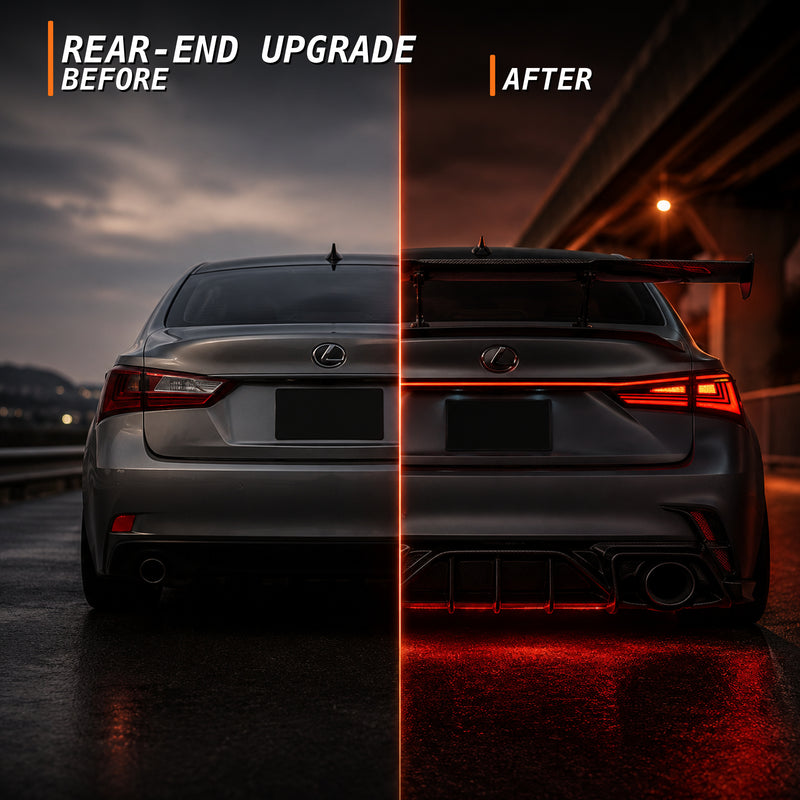 2014-2020 Lexus IS250/IS350/ISF Sequential LED Tail Lights — smoked red before after - T-IS14-SR