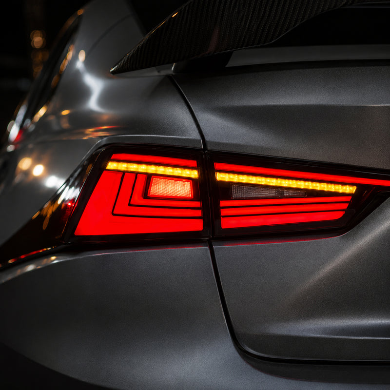 2014-2020 Lexus IS250/IS350/ISF Sequential LED Tail Lights — smoked red close detail - T-IS14-SR
