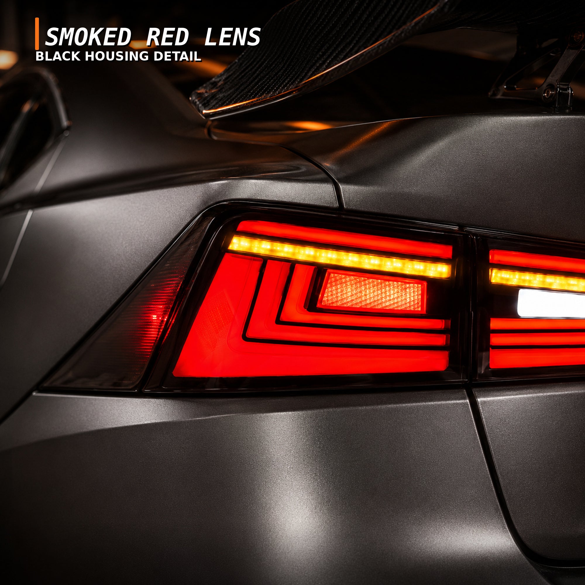 2014-2020 Lexus IS250/IS350/ISF Sequential LED Tail Lights — smoked red lens detail - T-IS14-SR