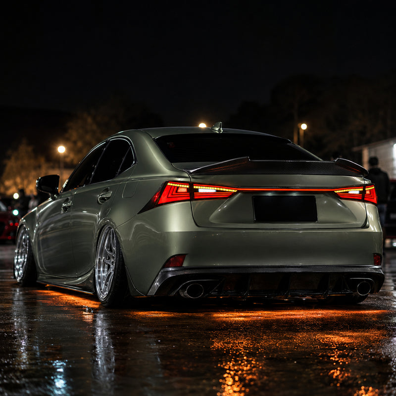 2014-2020 Lexus IS250/IS350/ISF Sequential LED Tail Lights — smoked red low angle - T-IS14-SR