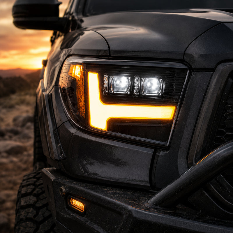 2014-2021 Toyota Tundra LED Dual Projector Headlights — clear lens white drlamber turn signal amber close up detail — H-TUN14