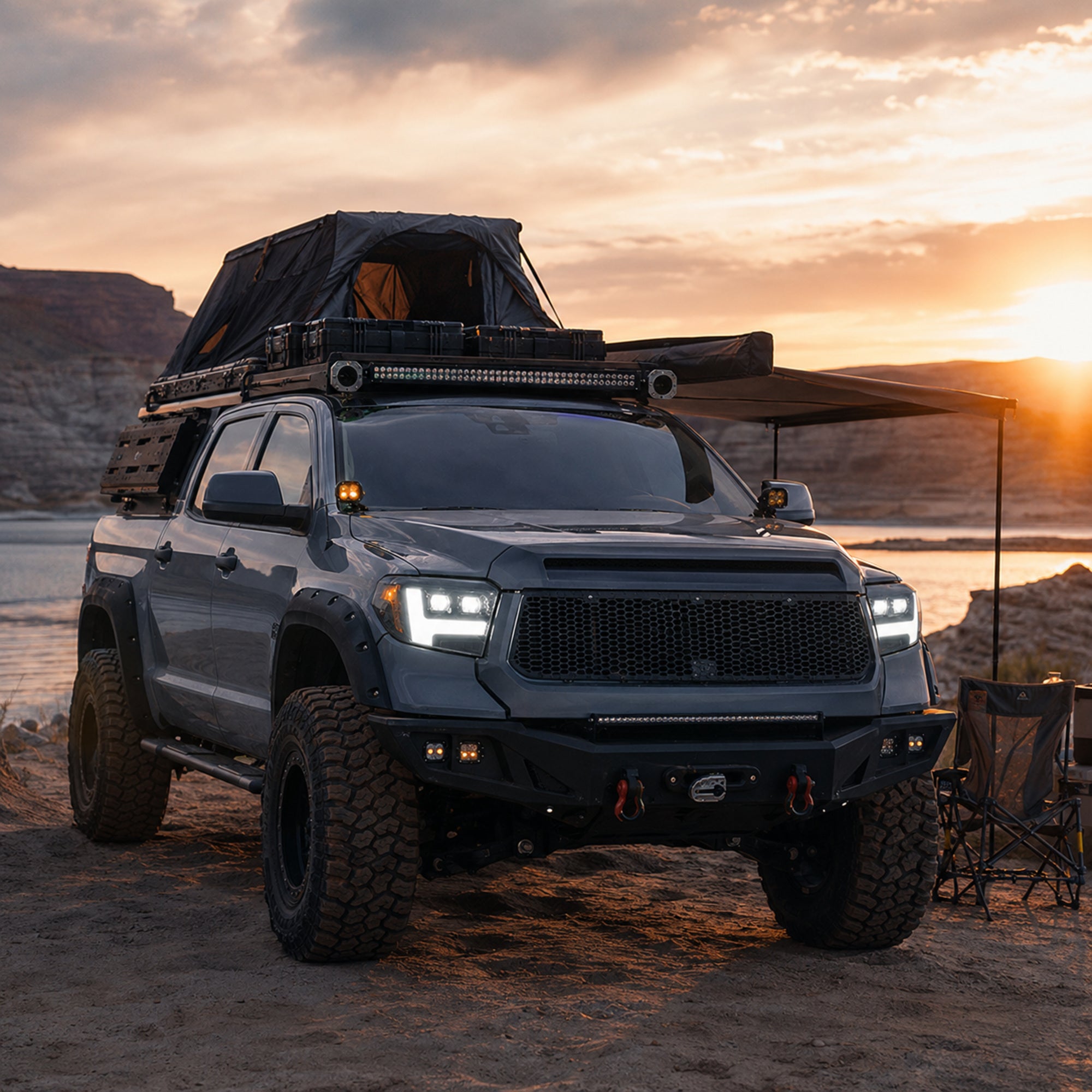 2014-2021 Toyota Tundra LED Dual Projector Headlights — clear lens white drlamber turn signal camping overlanding — H-TUN14