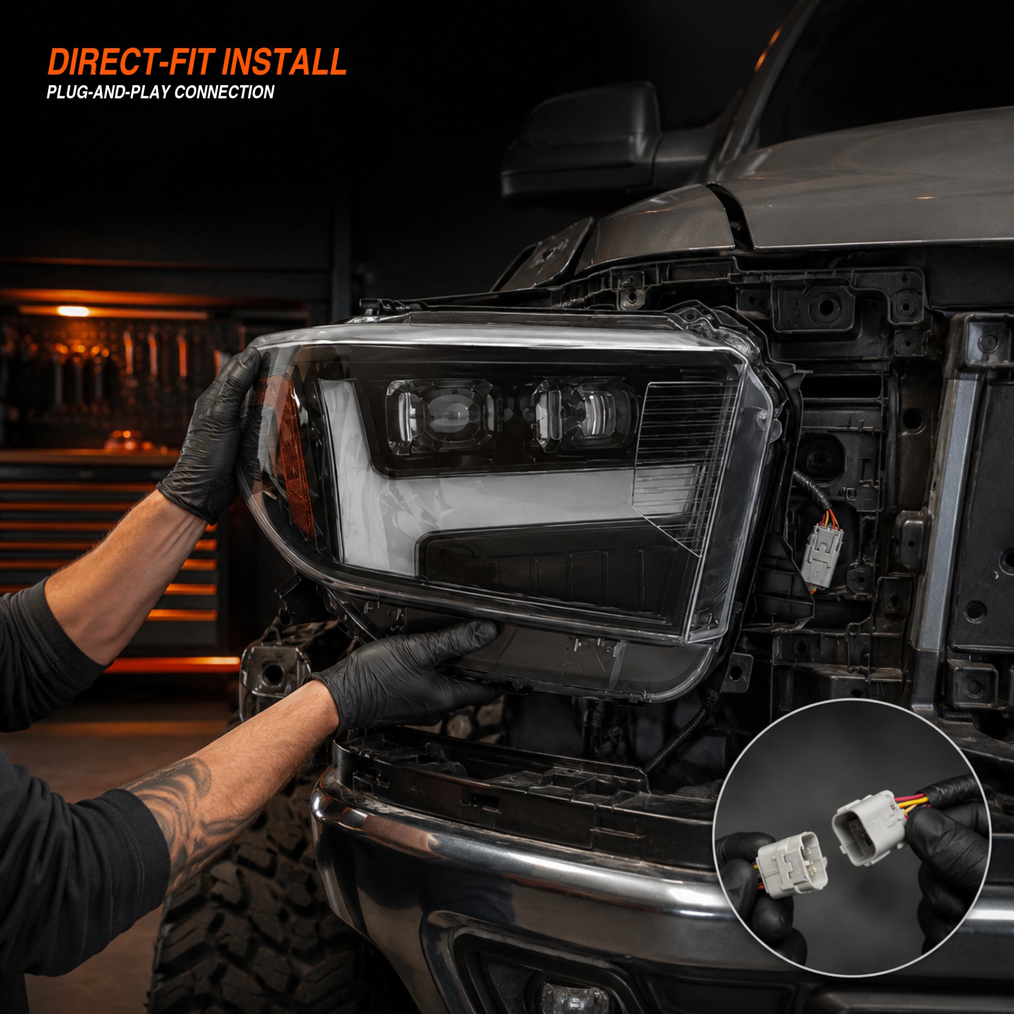 2014-2021 Toyota Tundra LED Dual Projector Headlights — clear lens white drlamber turn signal direct fit install — H-TUN14