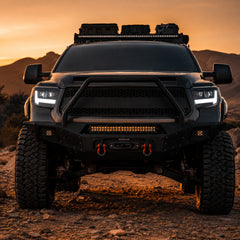 2014-2021 Toyota Tundra LED Dual Projector Headlights — clear lens white drlamber turn signal installed front view — H-TUN14