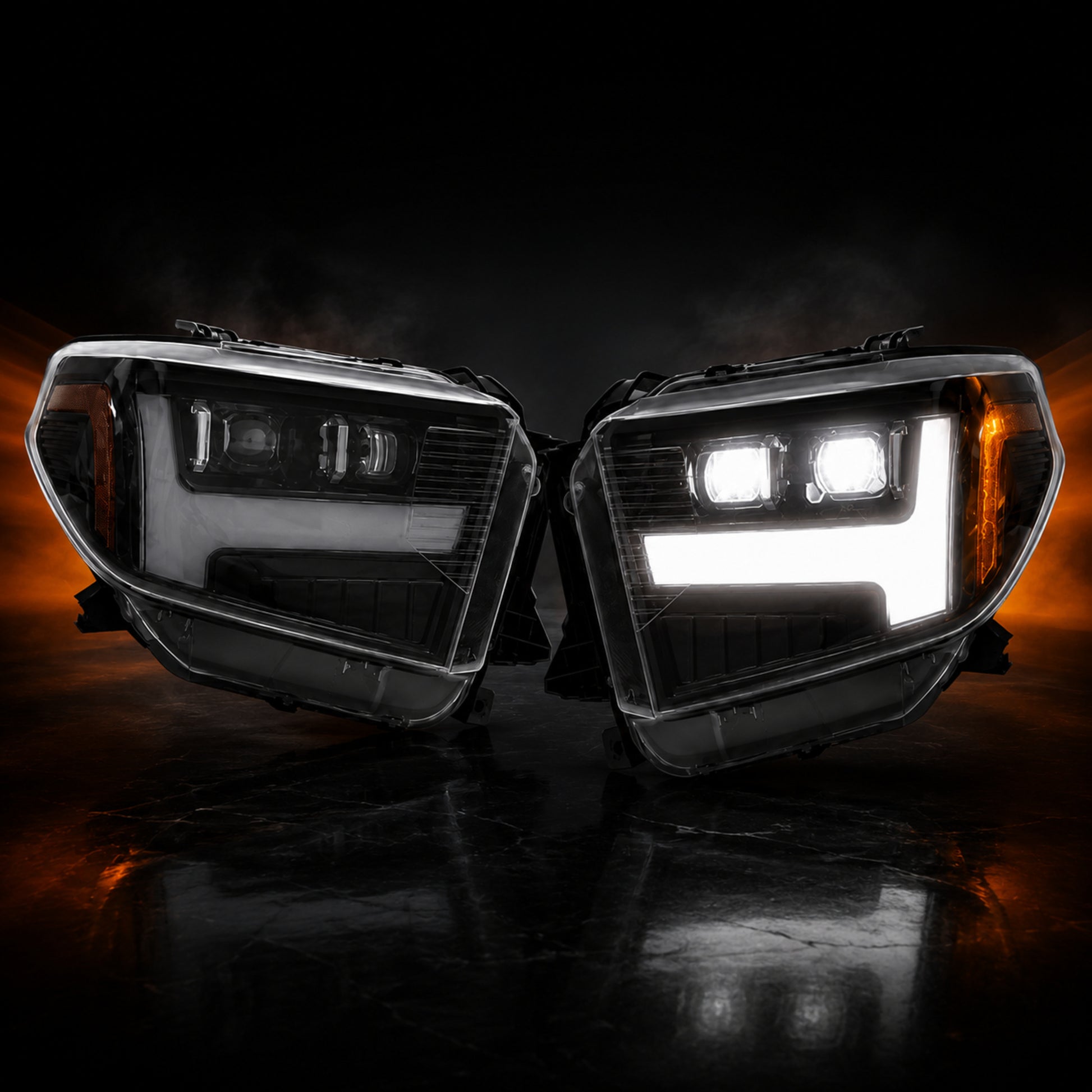 2014-2021 Toyota Tundra LED Dual Projector Headlights — clear lens white drlamber turn signal lit unlit detail — H-TUN14