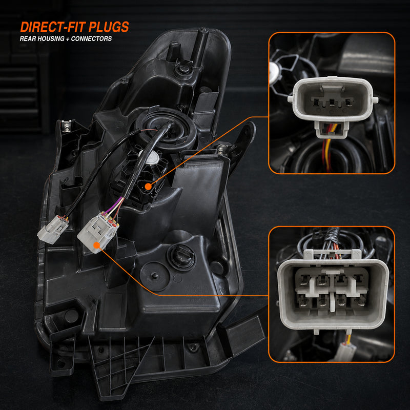 2014-2021 Toyota Tundra LED Dual Projector Headlights — clear lens white drlamber turn signal plug back view — H-TUN14