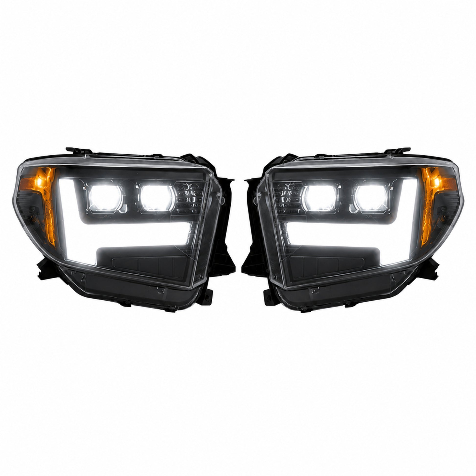 2014-2021 Toyota Tundra LED Dual Projector Headlights — clear lens white drlamber turn signal white background — H-TUN14