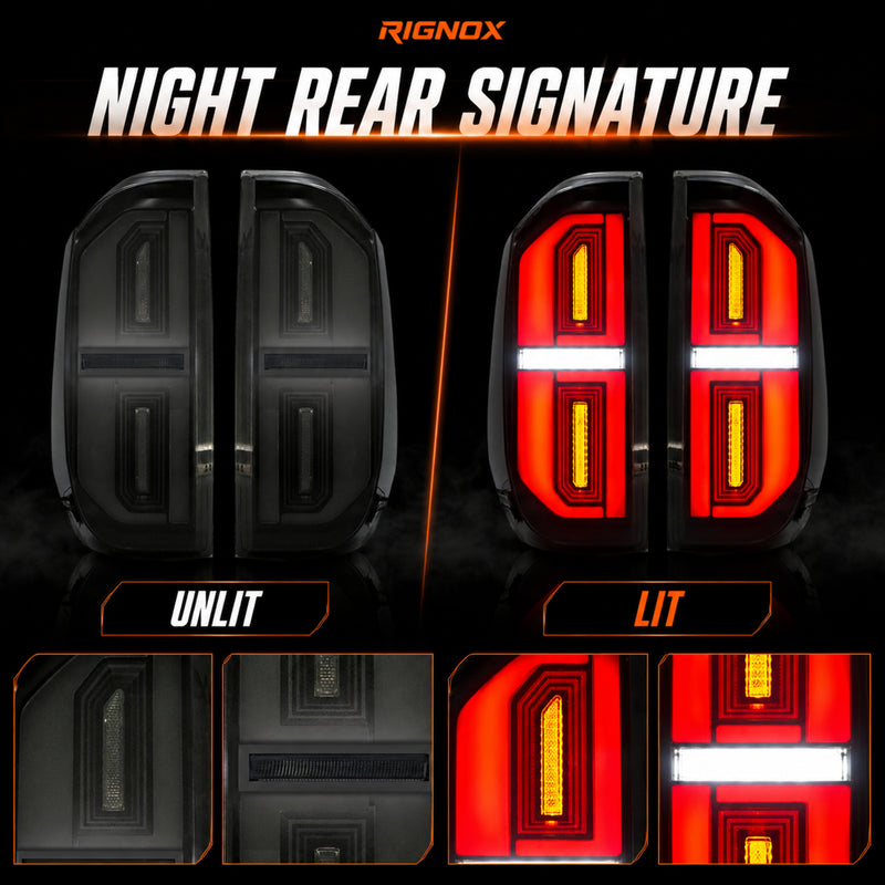 2014-2021 Toyota Tundra Sequential LED Tail Lights — smoke white lit unlit detail — T-TUN14