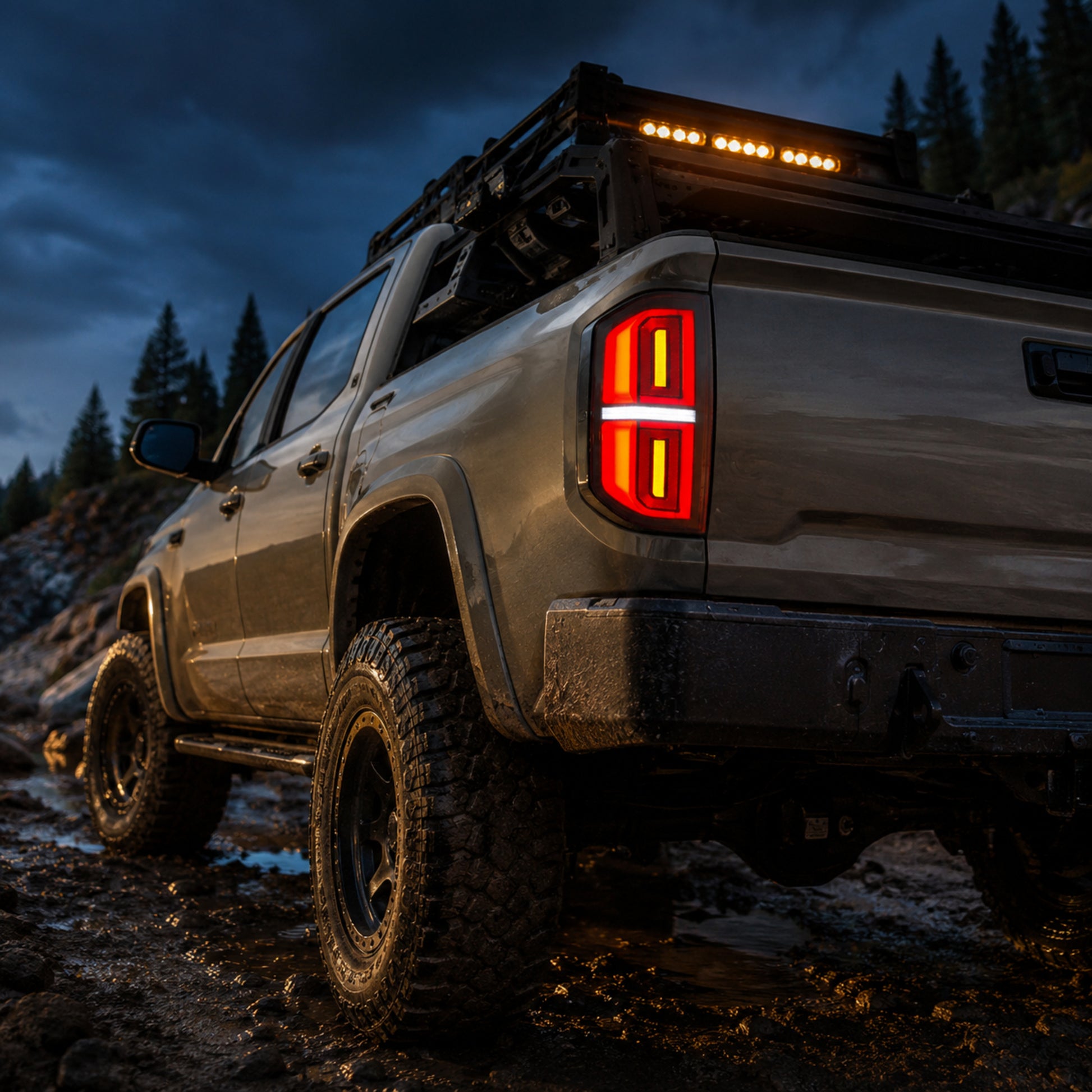 2014-2021 Toyota Tundra Sequential LED Tail Lights — smoke white mud trail low angle — T-TUN14