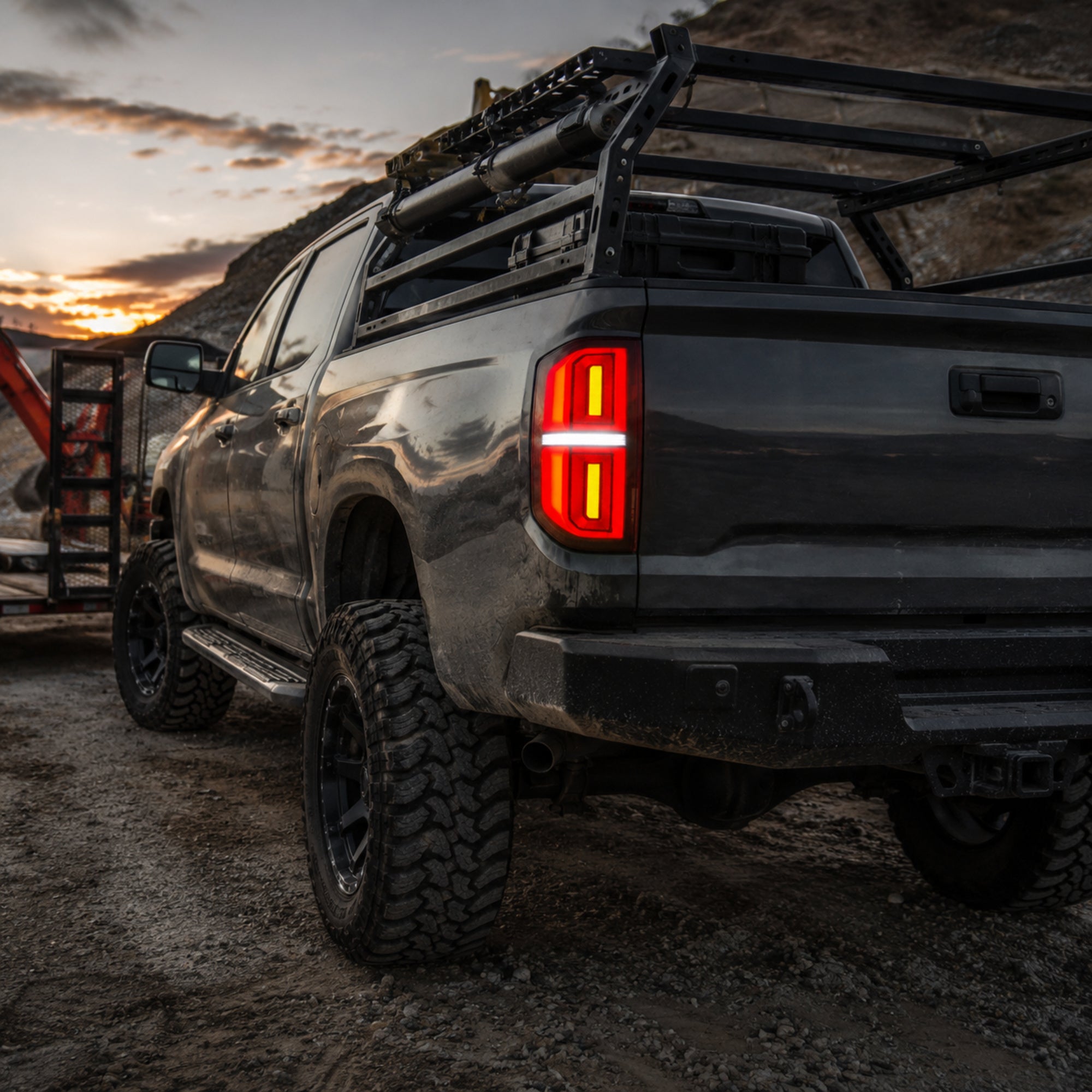 2014-2021 Toyota Tundra Sequential LED Tail Lights — smoke white work truck gravel yard — T-TUN14